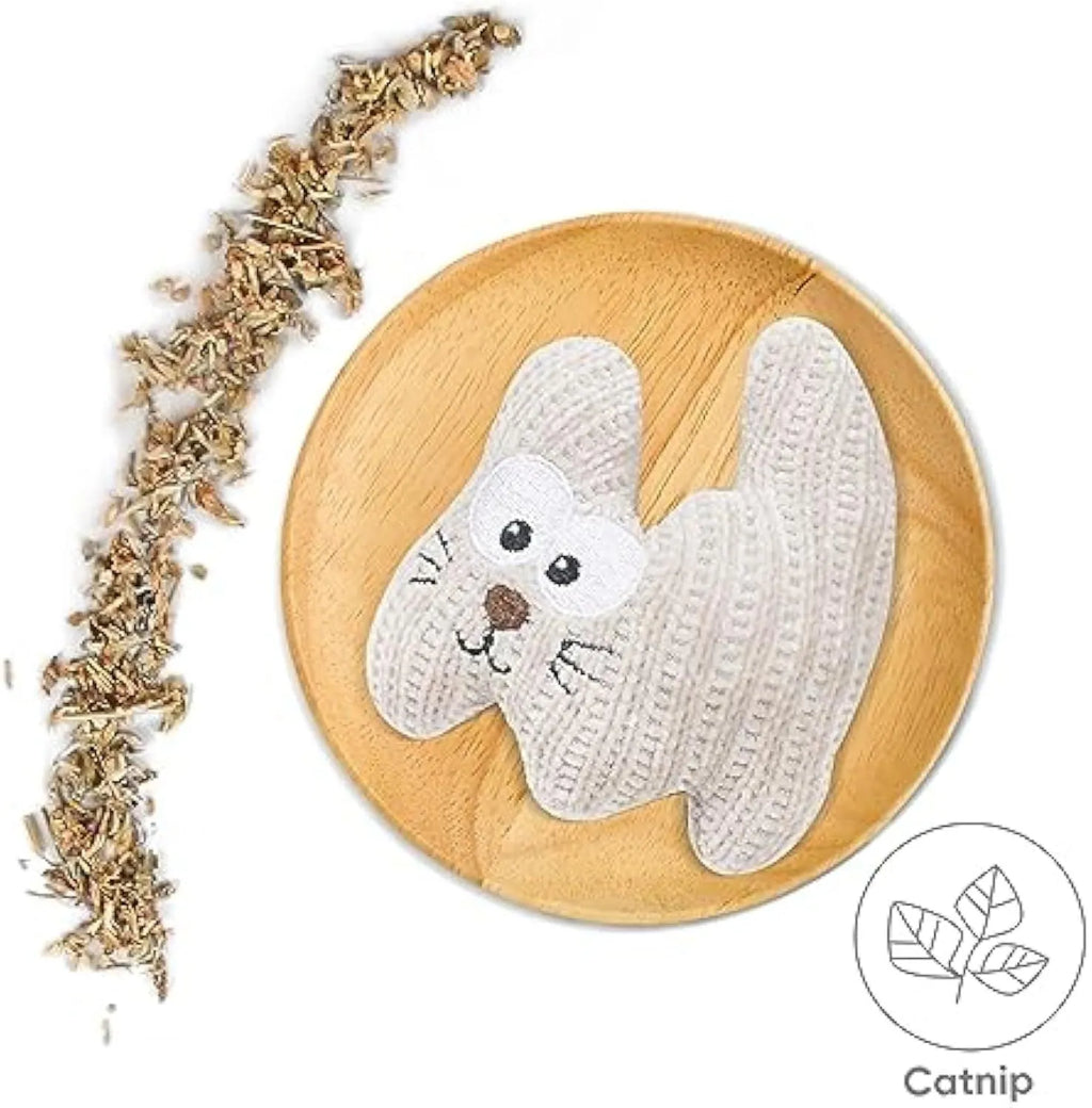 Cyan plush catnip toy with rope elements and a bell for cats on a white background