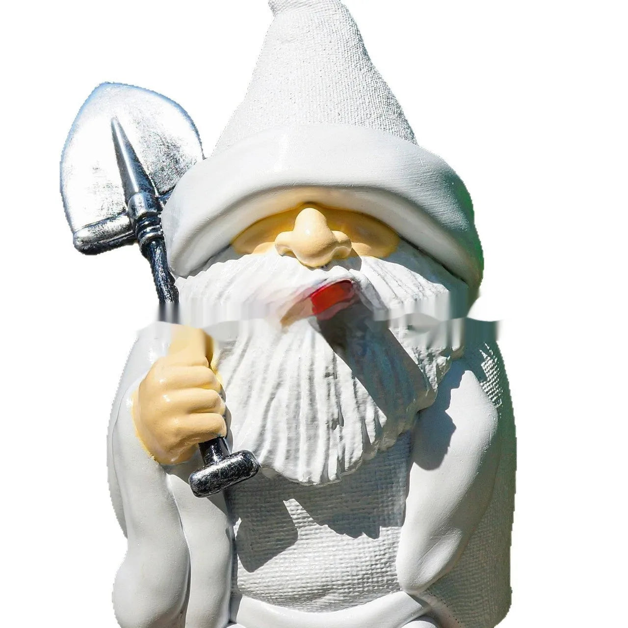 Christmas garden ornament with pipe dwarf holding smoking shovel, plastic and resin construction