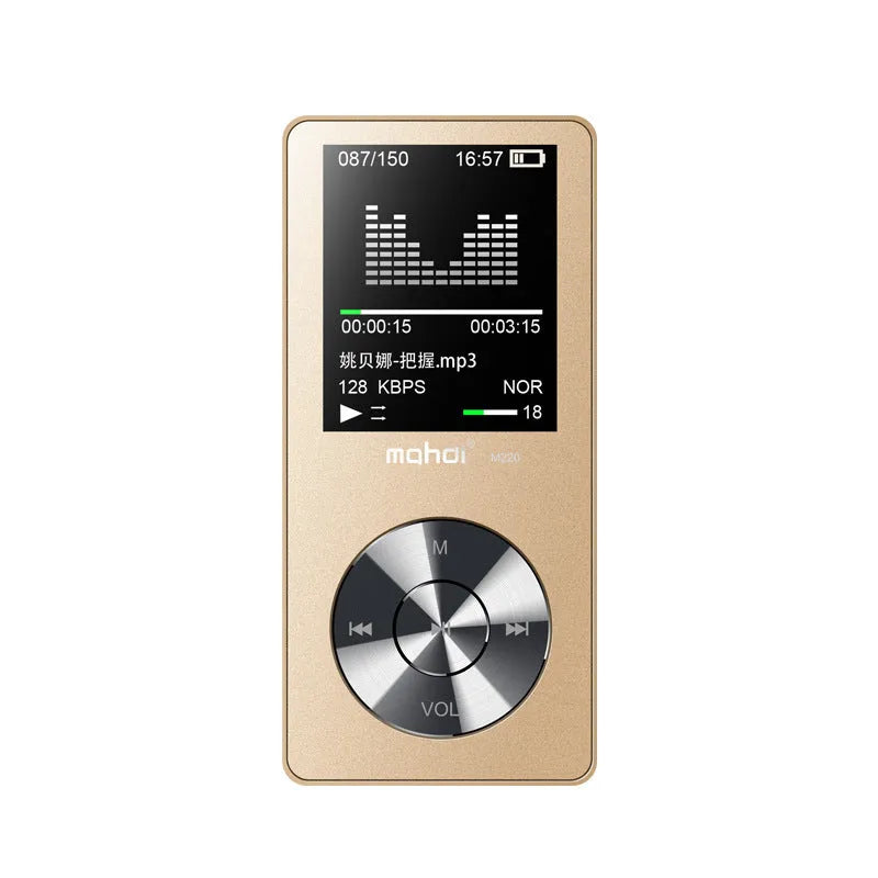 Gold metallic MP3 music player with a 1.8-inch screen and physical control buttons