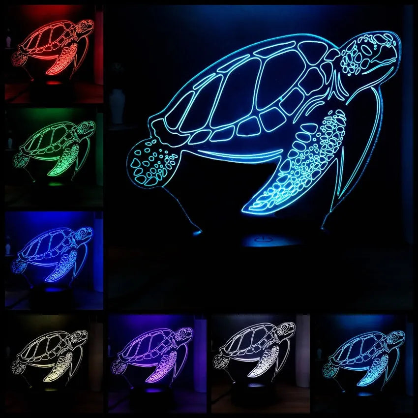 3D turtle-shaped LED night light with remote control showing sixteen colour options, made from translucent acrylic material