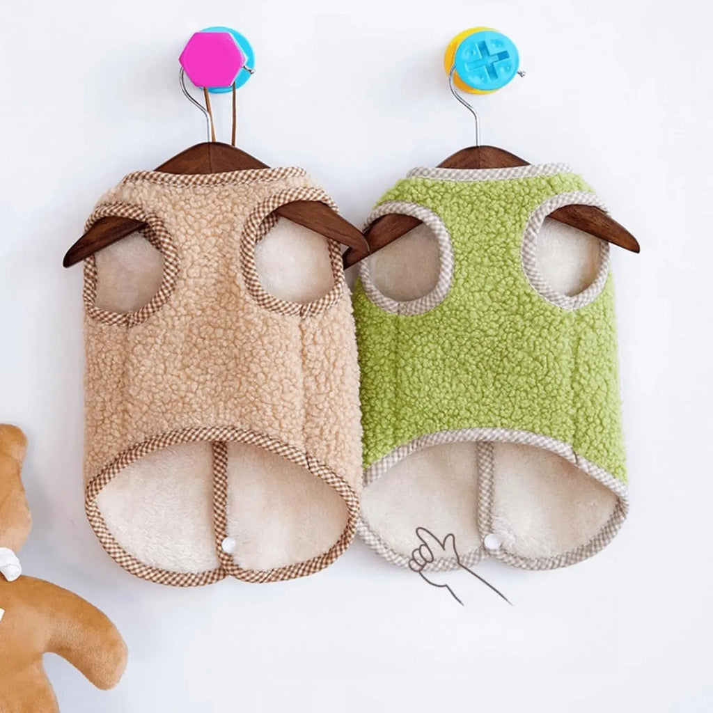 Green thickened coral fleece dog vest with a leash ring on the back, sized for a small dog.