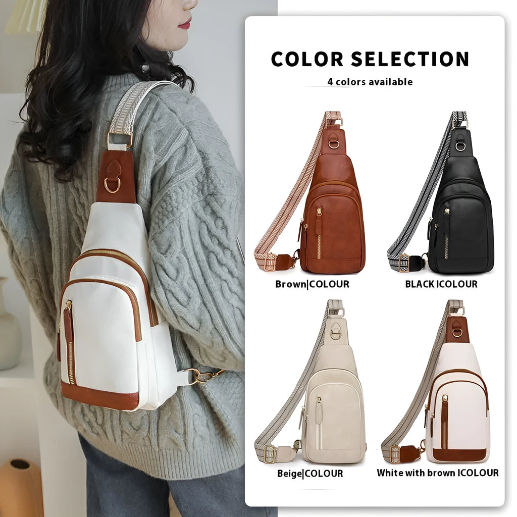 Soft brown PU women's crossbody chest bag with open front pocket and adjustable strap.