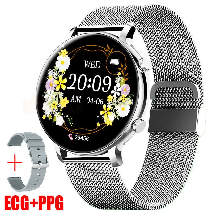 Black Bluetooth smartwatch with stainless steel strap on a wrist, showing call and health stats on screen.
