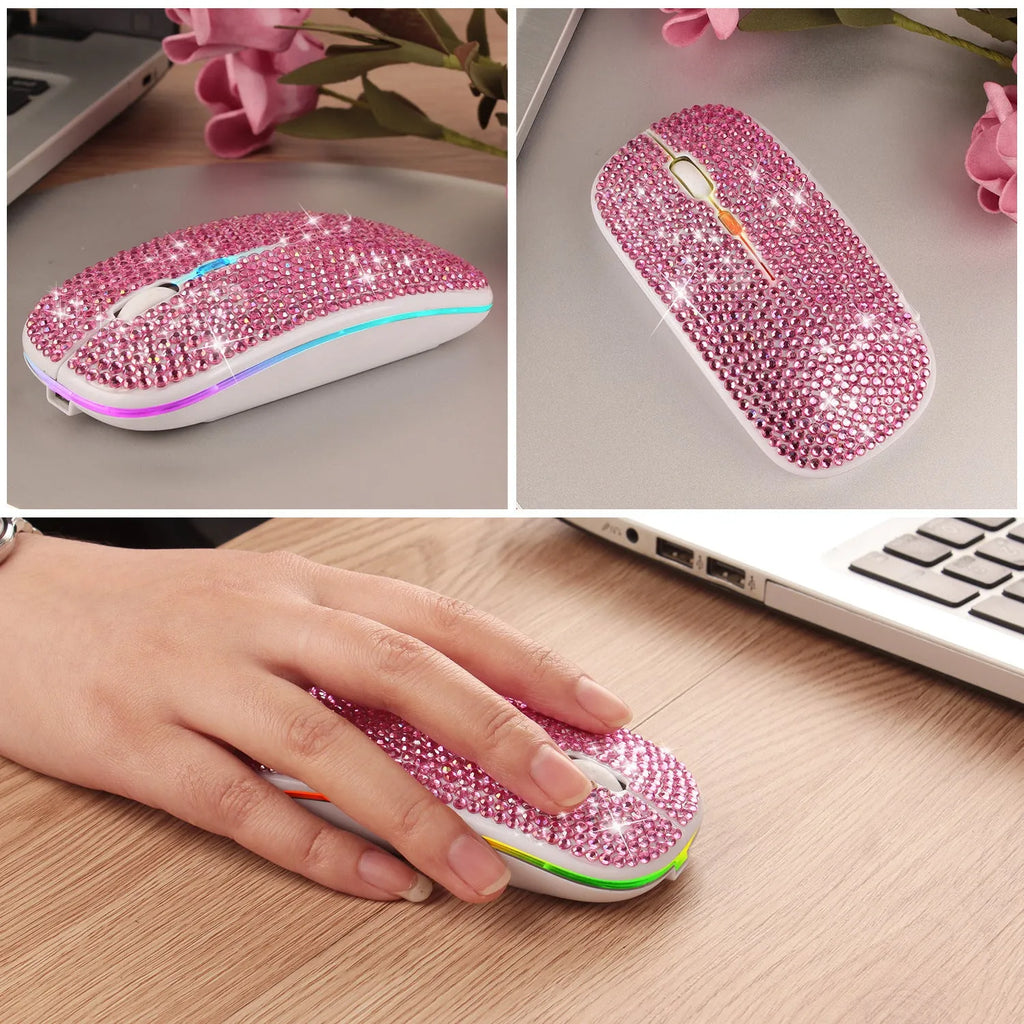 Rechargeable mute crystal rhinestone mouse in silver on desk, with USB charging cable