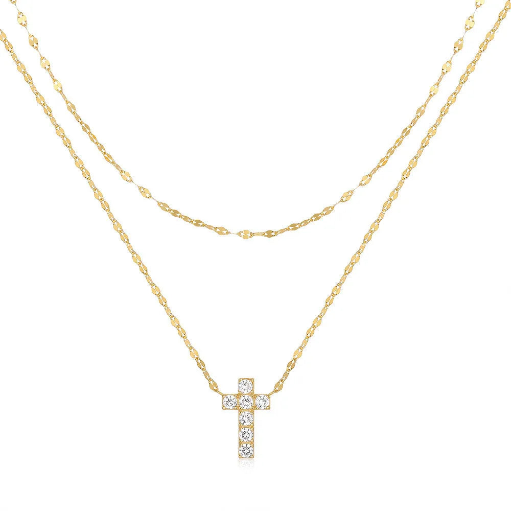 S925 sterling silver double-layer cross pendant with twin diamonds on delicate clavicle chain in gold colour