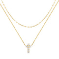 S925 sterling silver double-layer cross pendant with twin diamonds on delicate clavicle chain in gold colour