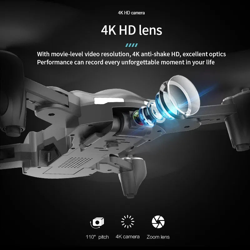 Black and gray four axis drone with 1080P camera, 33.2 cm width, on a plain background