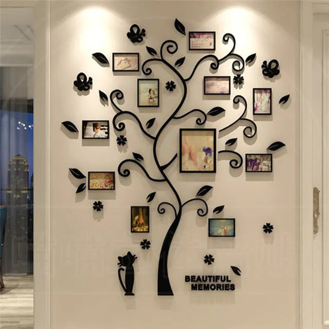 Acrylic family photo frame tree wall sticker with 11 frames, black branch design, adhesive backing