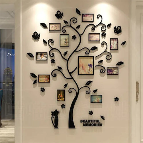 Acrylic family photo frame tree wall sticker with 11 frames, black branch design, adhesive backing
