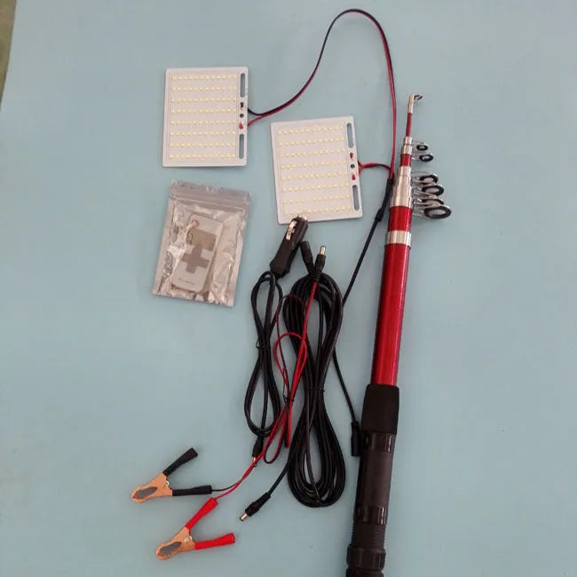 LED fishing rod light unit mounted on telescopic pole with remote control for outdoor lighting
