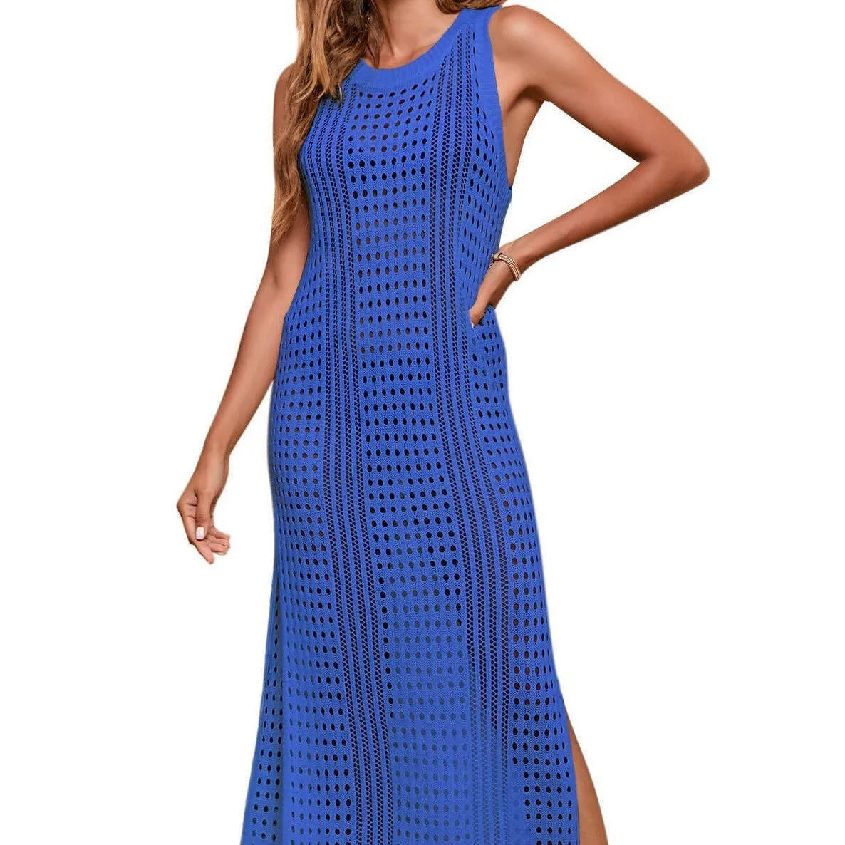 Women's long loose hollow-out knitted beach blouse in a solid colour with a cotton blend lining.