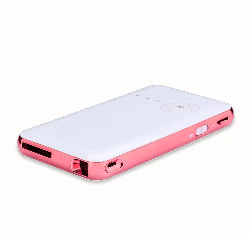 White and rose gold miniature DLP Android projector measuring 145mm wide with compact aluminium casing