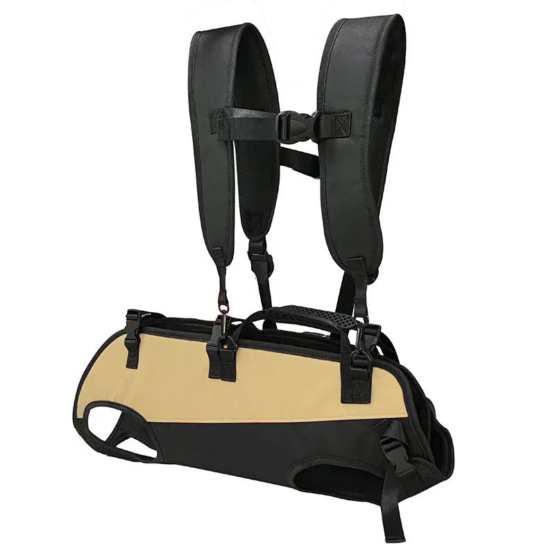 Multifunctional Oxford cloth pet backpack in black with colour accents shown in S, M, L sizes for outdoor walking