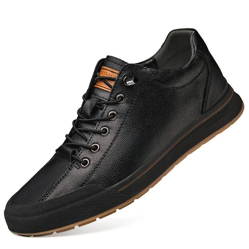 Men's matte leather casual shoes in white and black with 6CM flat heel and round toe design