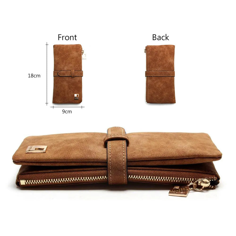 Korean retro style long wallet in soft PU leather with decorative lock and zip closure
