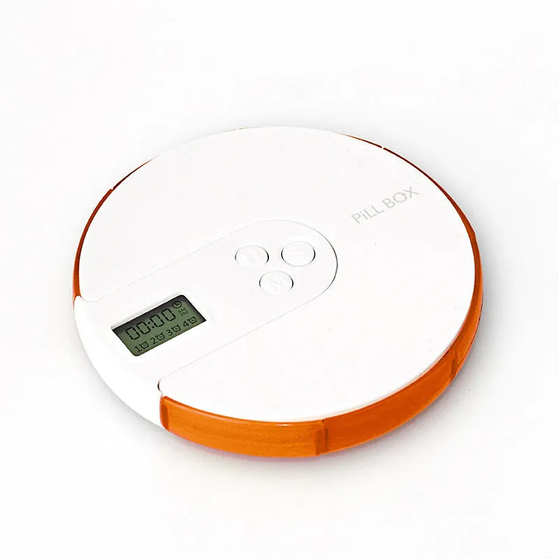Blue 7-compartment alarm clock pill dispenser showing digital display and separate pill slots.