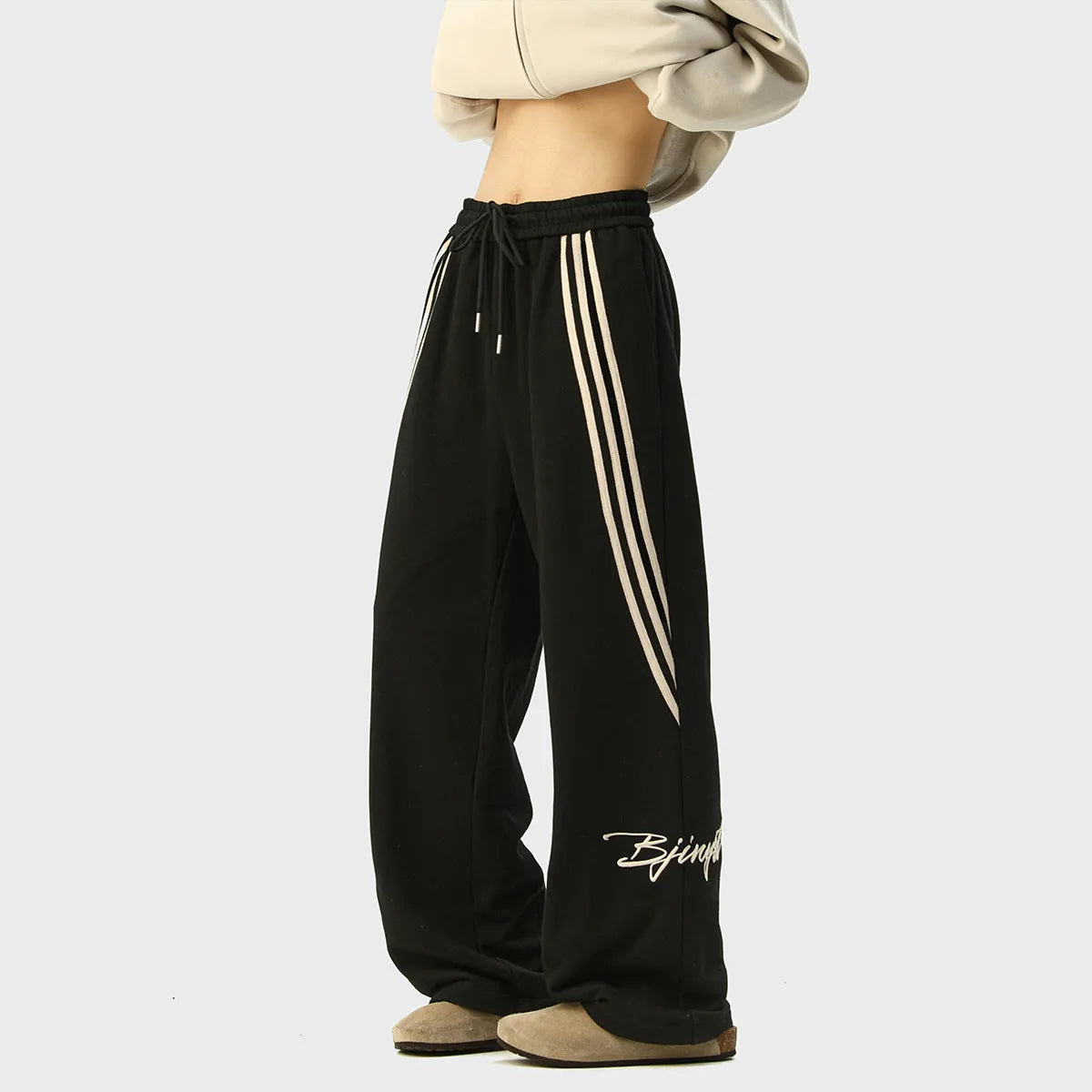 Trendy Brand Striped Men's Loose Straight-leg Casual Pants in Black, Light Gray and Navy Blue, Sizes M to XXXL, Stretch Synthetic Blend Fabric with Wrinkle-Free Treatment for Everyday Comfort