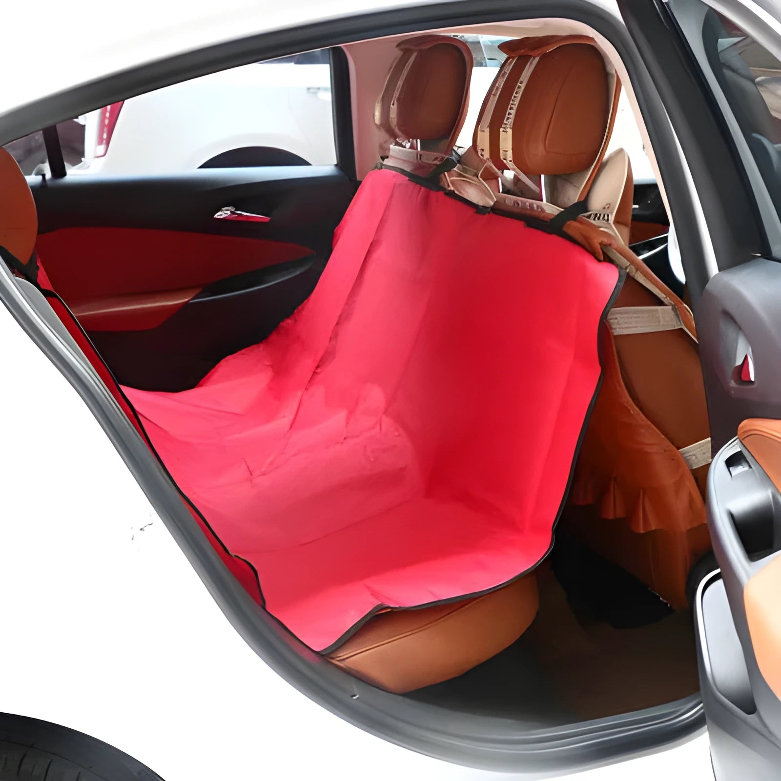 A square red waterproof car pet pad for dogs and cats on a car seat, showing its size and fabric texture.