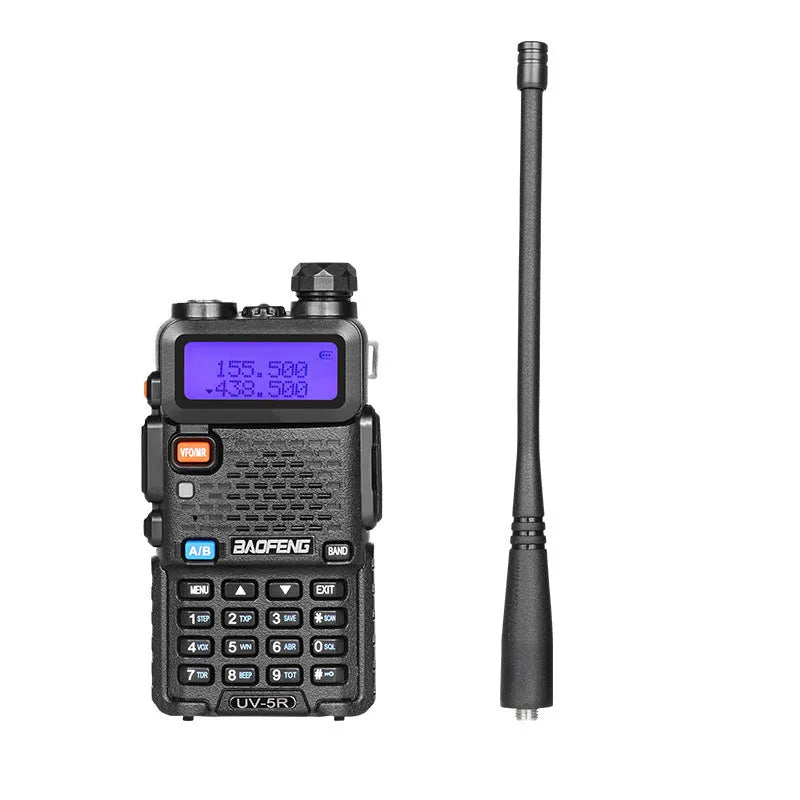 Black professional walkie talkie with antenna, showing compact dimensions and channel display.