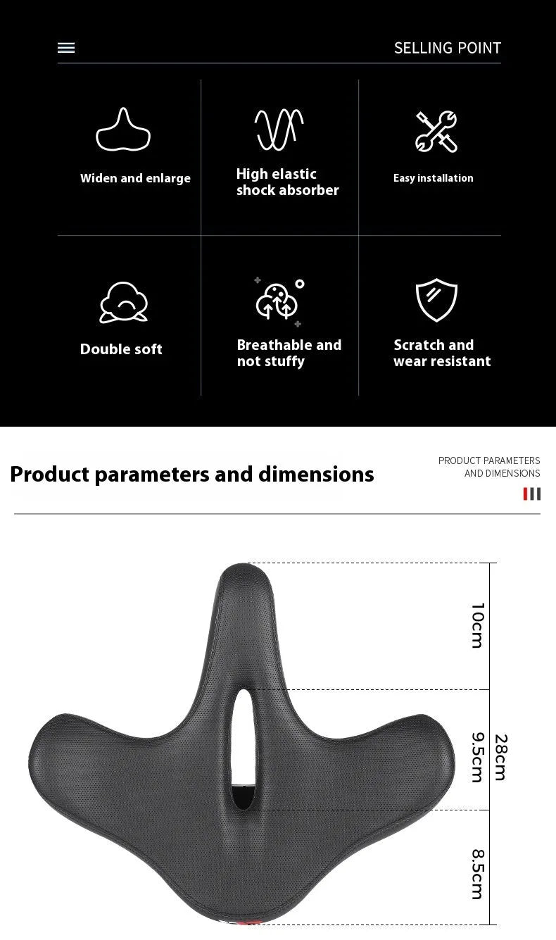 Black bicycle saddle cushion made from leather and polyurethane foam for shock absorption