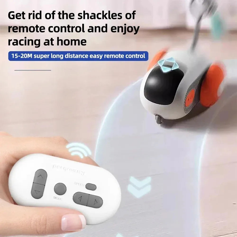 Blue remote controlled toy car with feather attachment for cat play with USB charging cable