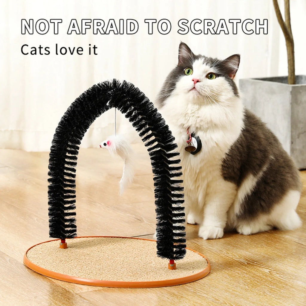 Black plastic cat hair rub anti-itch device with arch brush and attached lanyard mouse toy