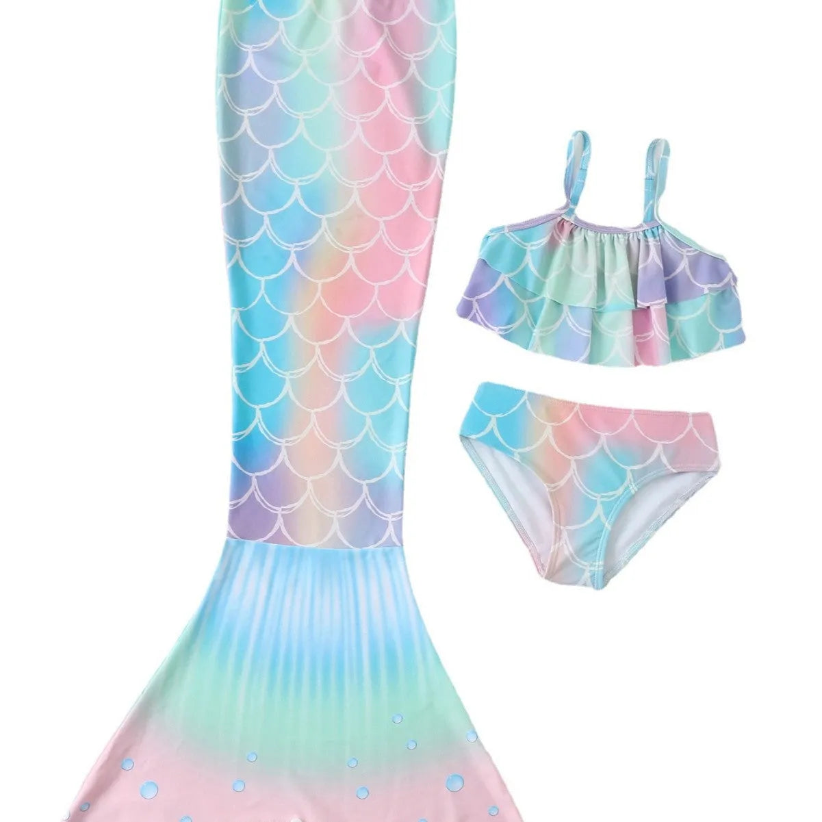 Children's swimsuit bikini with fish tail skirt in dark pink, polyester fabric, sizes 90-160