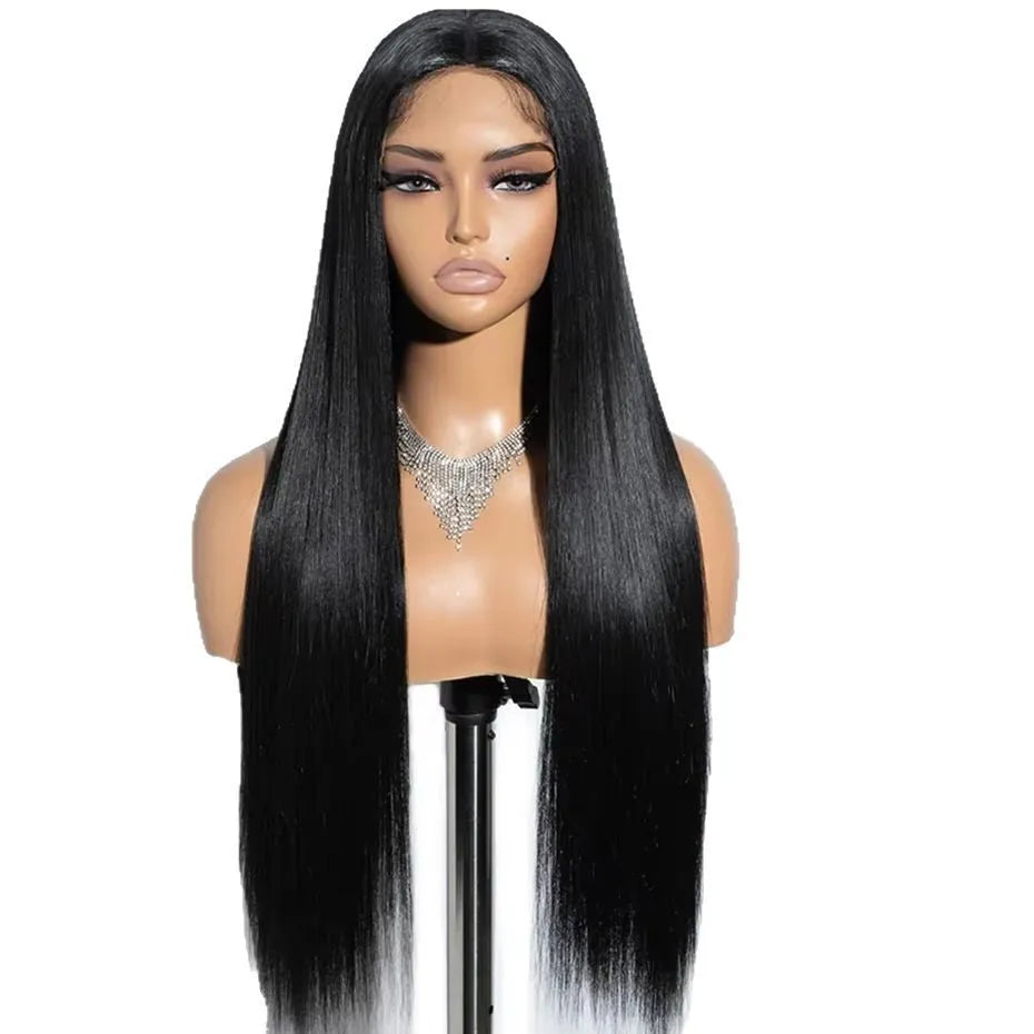 Long straight human hair glueless wig with side bangs, shown in natural colour.