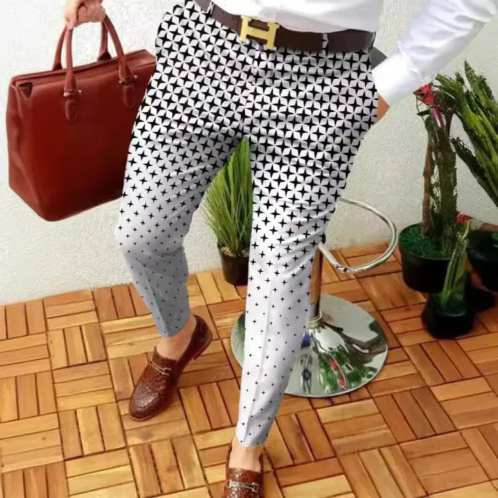 Men's slim fit plaid casual trousers with straight leg design and micro-elastic fabric