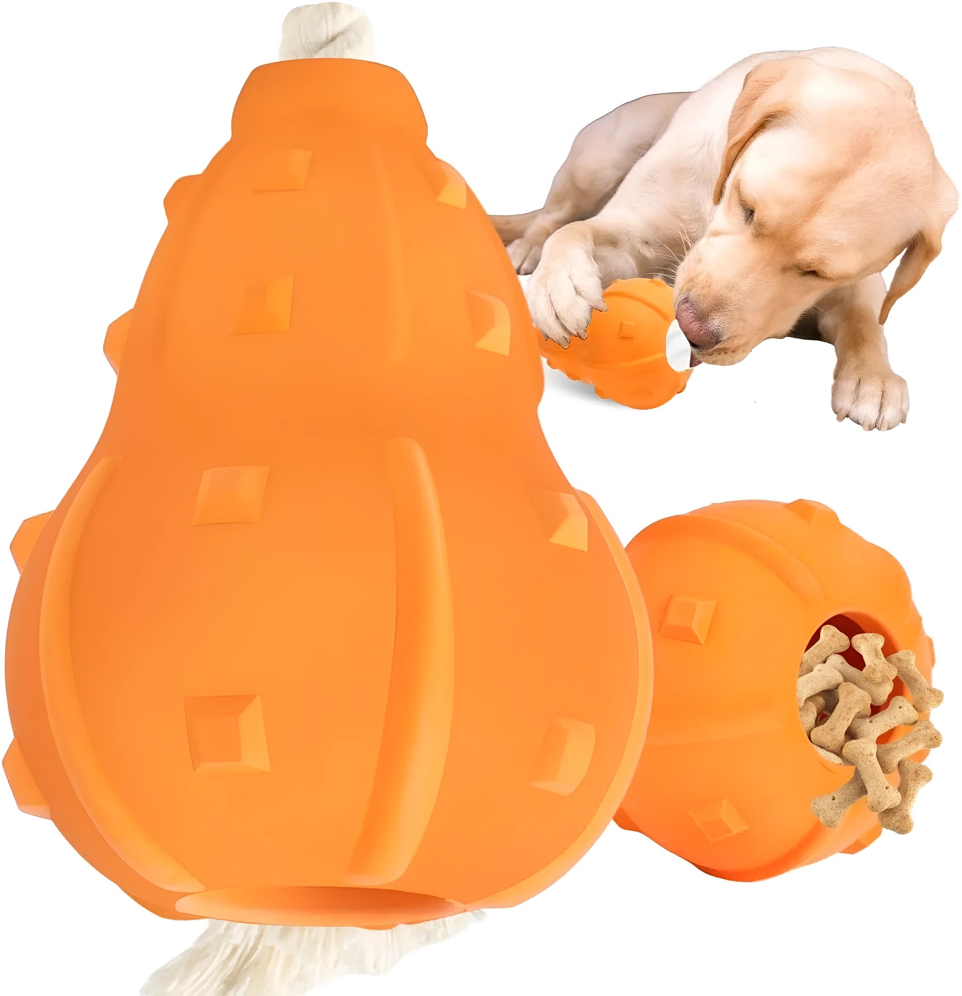 Natural rubber stuffable dog fetch toy with a long strap, shown with treats.