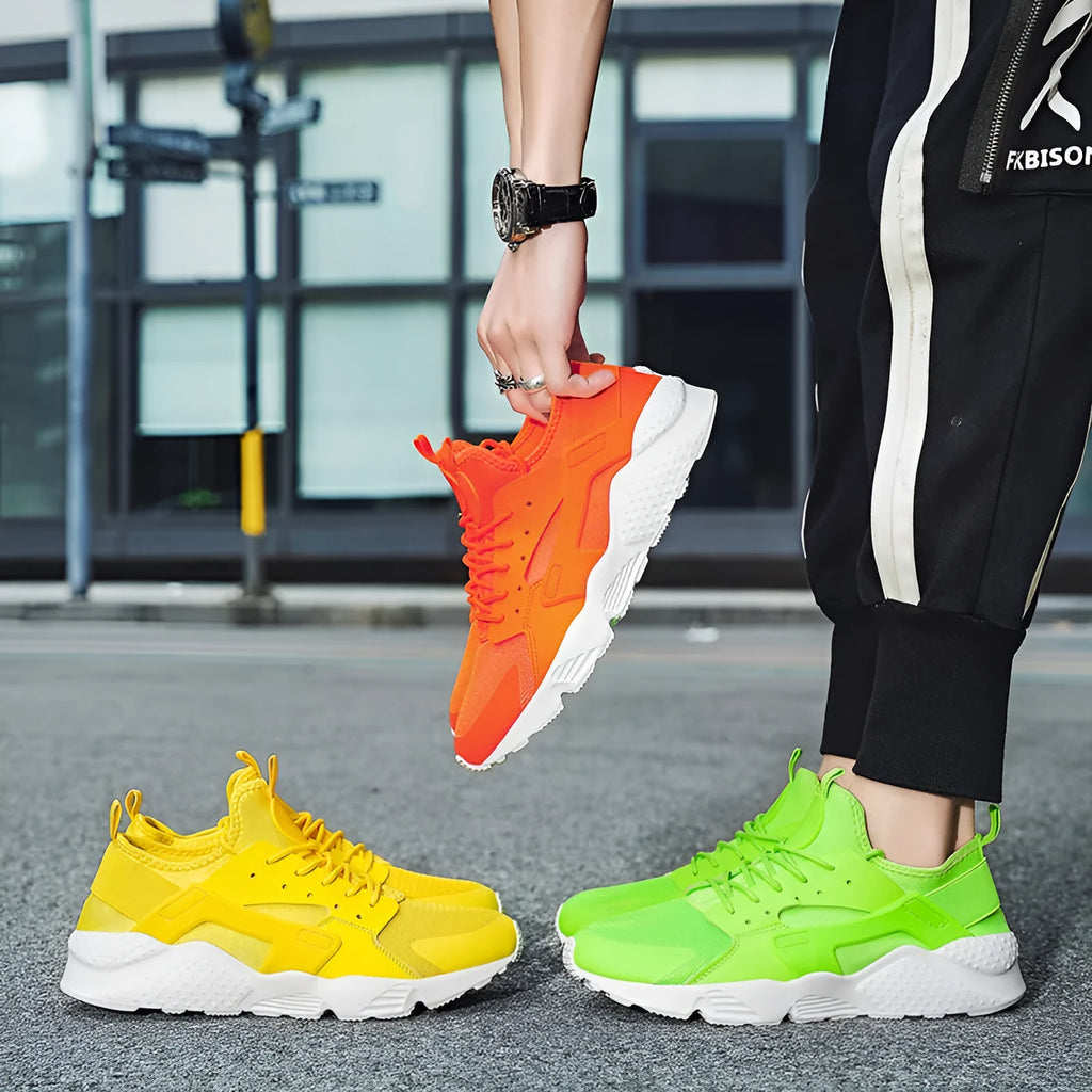 Men's low-top casual lace-up trainers in fluorescent colours with mesh upper and cross shoulder strap