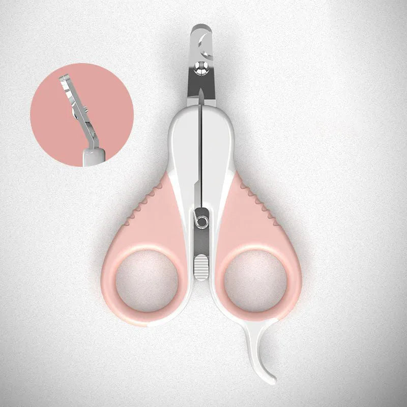 Grey and pink stainless steel cat nail clippers with angled blade and safety lock