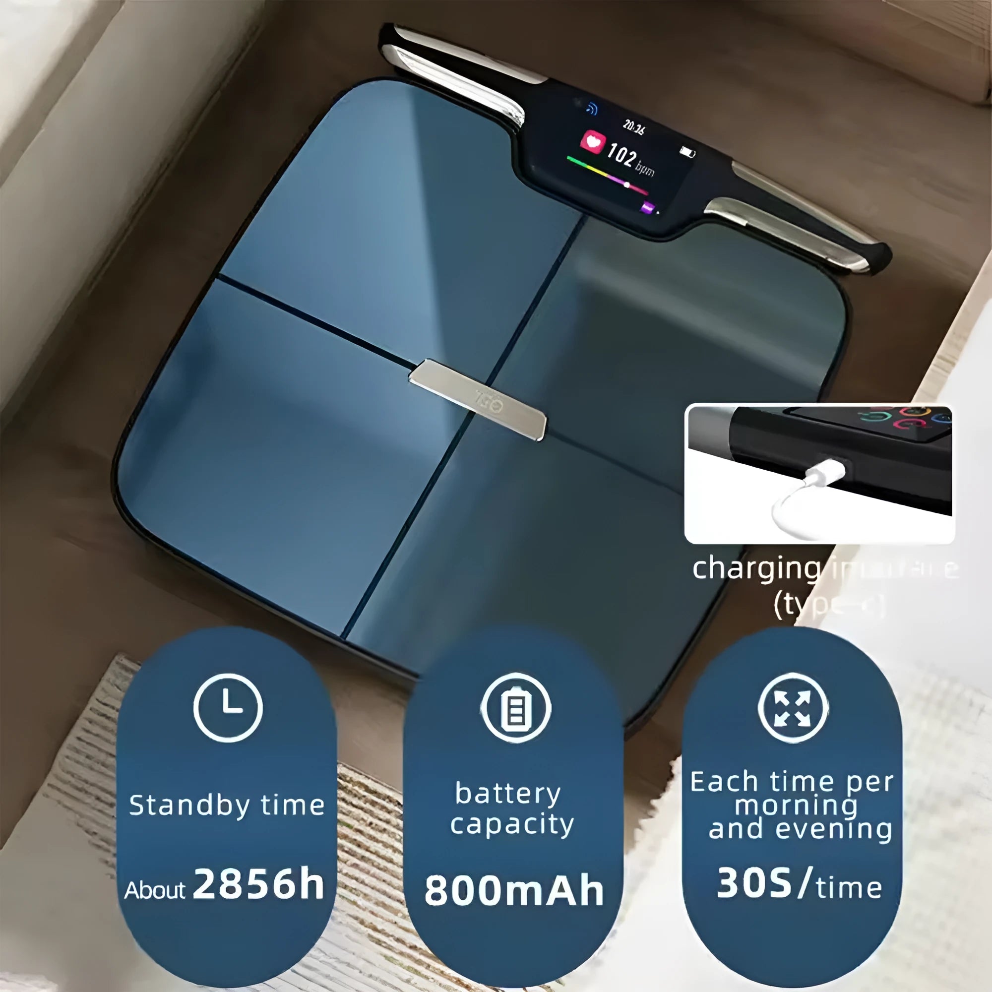 Black eight-electrode body fat smart scale showing digital display on 45cm platform