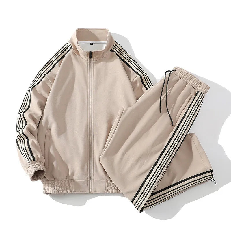 Trendy straight striped cotton sports suit for men with long sleeve jacket and cropped pants in khaki colour