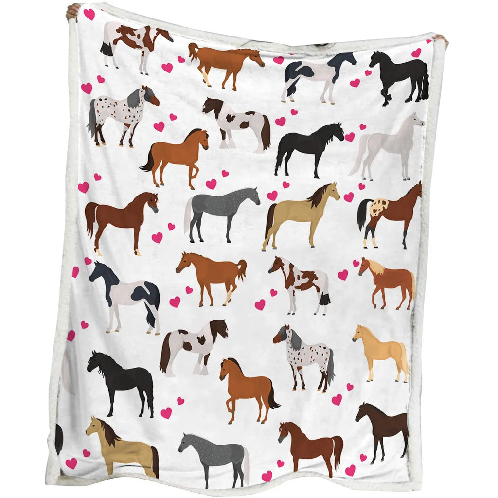 White Sherpa fleece throw blanket with red heart and horse motif, 130x150cm or 150x200cm size for sofa or camping
