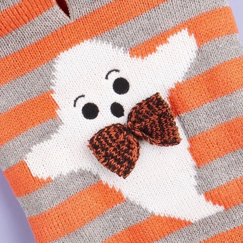 Orange Halloween pet sweater with striped pattern, fur ball decorations, and a hood for dogs or cats.