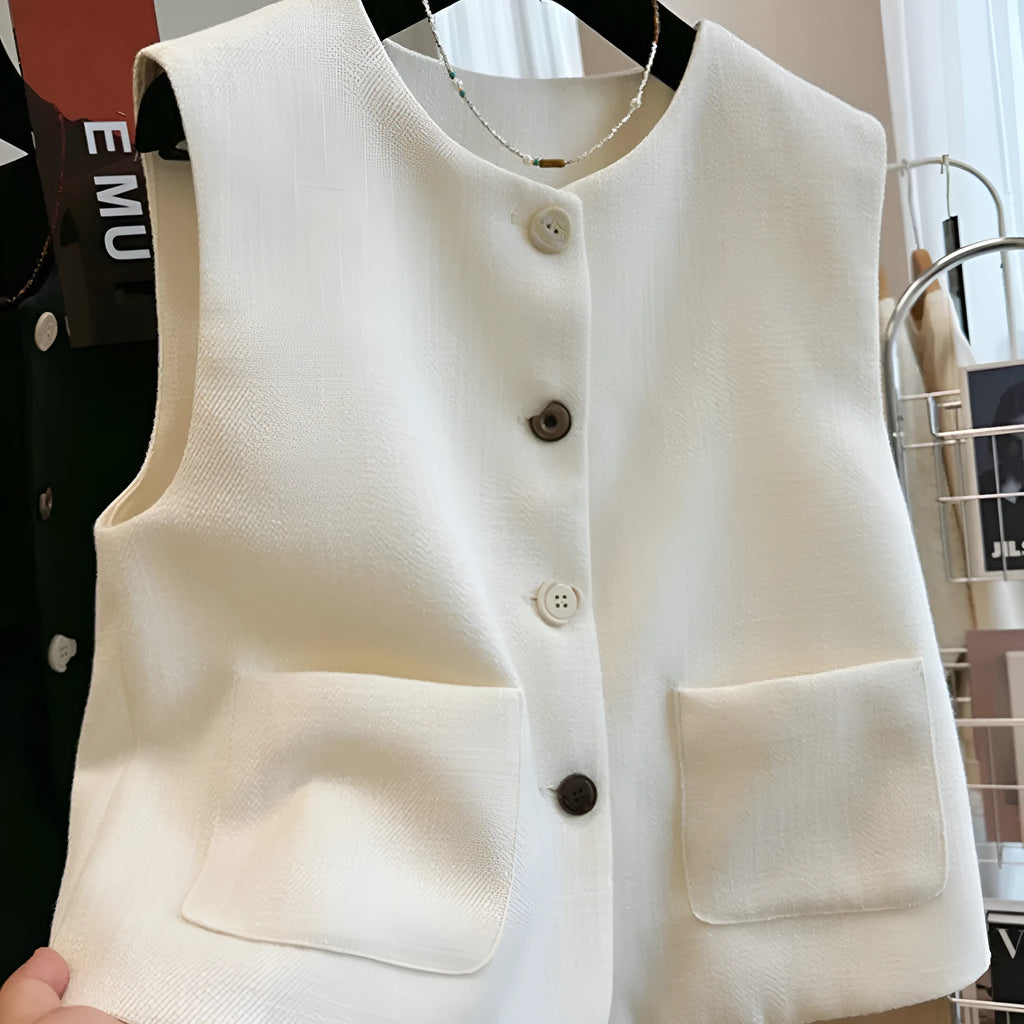 Women's French style bandage vest dress in milky white with round neck and sleeveless design