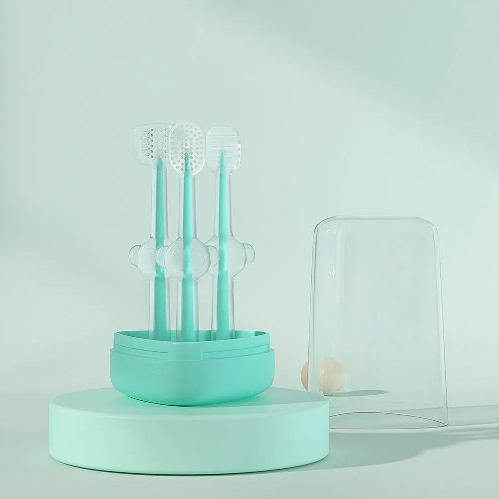 Pet toothbrush with dual silicone bristle heads in purple colour for dog and cat teeth cleaning