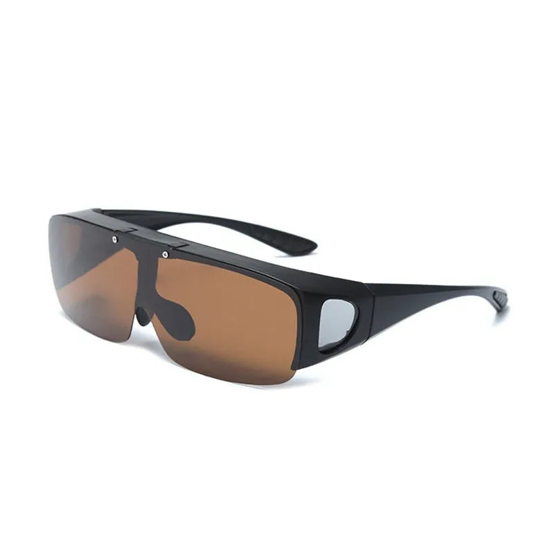 Polarised one-piece sunglasses for myopia with multiple lens options including black, grey, dark green, and night vision.
