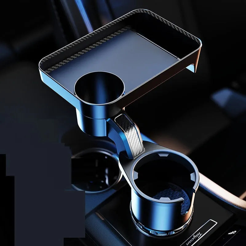 Black ABS plastic car cup holder dinner tray shown rotating, with plate secured.