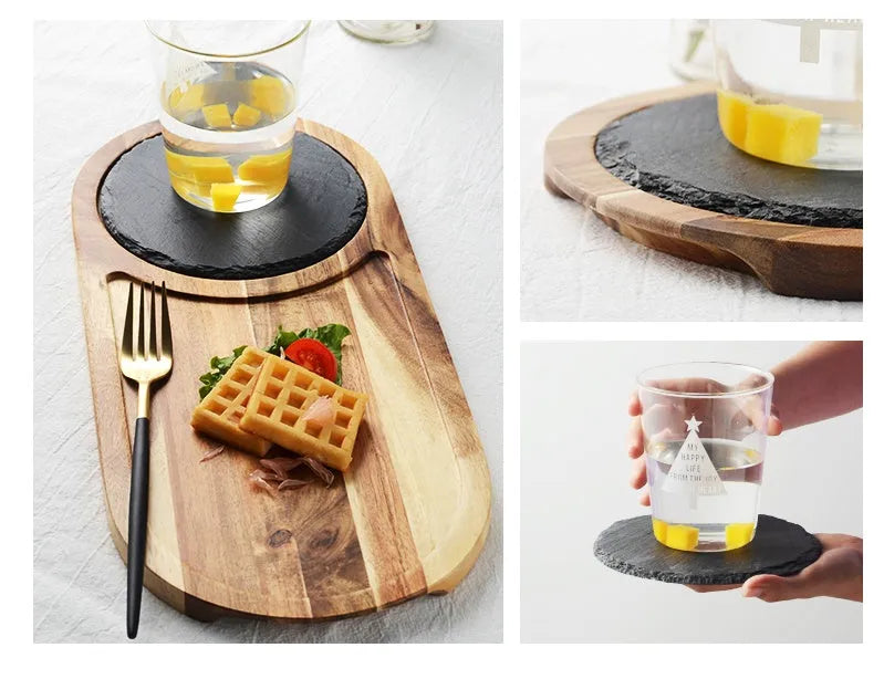 Black wooden pizza dish made from acacia wood and stone, multi-colour sets, on a table