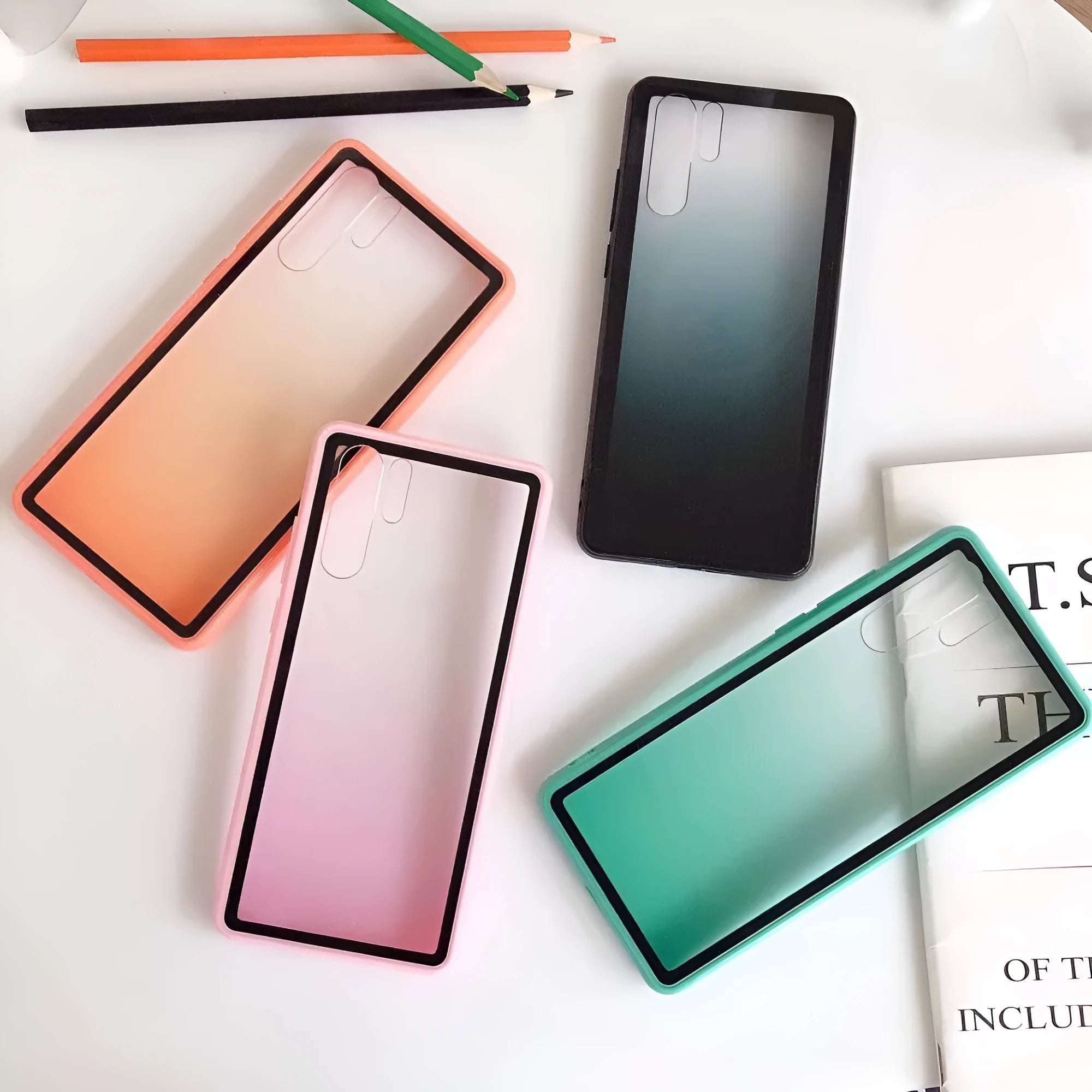 Huawei mobile phone case in TPU+PC material shown in black, green, orange, and pink colour options