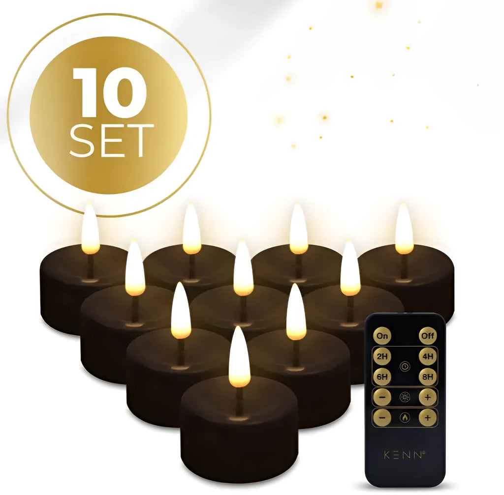 Four black plastic LED tealight candles arranged together, showing their 4.1 cm diameter size.