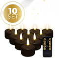 Four black plastic LED tealight candles arranged together, showing their 4.1 cm diameter size.