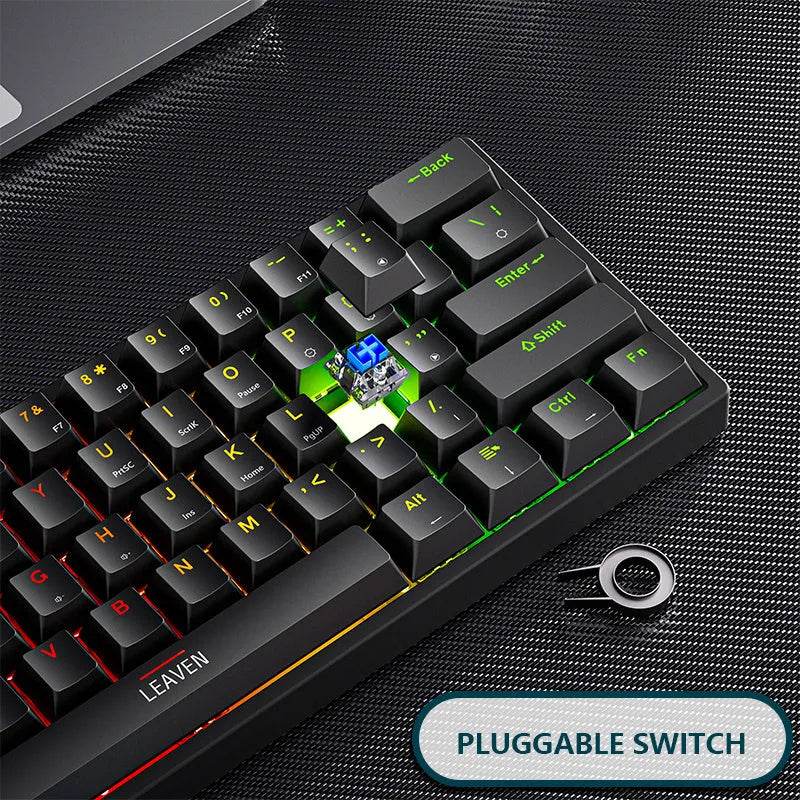 61-key blue switch mechanical keyboard with seven-color backlight, compact ABS build, Type-C wired connection