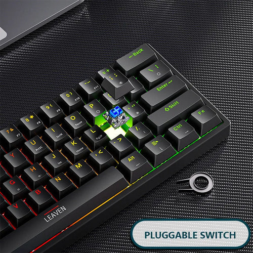 61-key blue switch mechanical keyboard with seven-color backlight, compact ABS build, Type-C wired connection