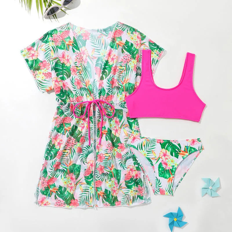 Girls' floral pattern two-piece swimsuit with high elasticity polyester fabric for swimming