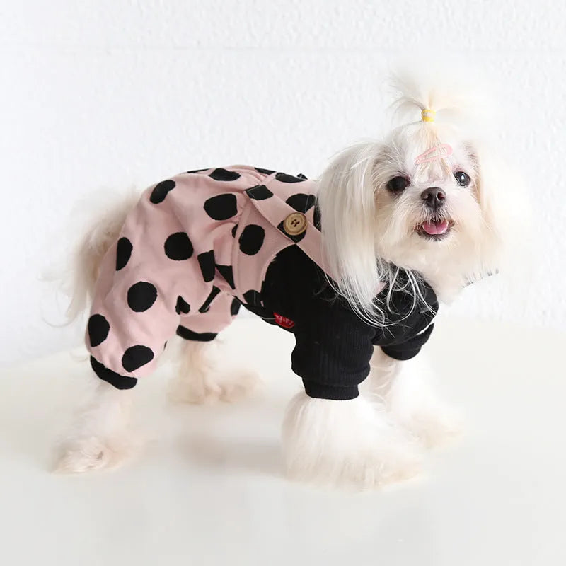 Pet clothing with lapel shoulder strap in casual cloth material showing four-legged and skirt style options