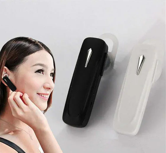 M163 Black and White Bluetooth car headset for hands-free calling and music control.