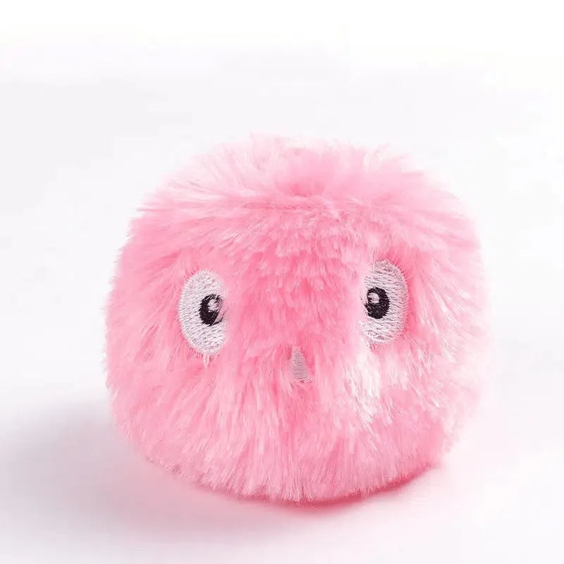Blue, pink, and yellow electronic interactive toy ball for cats and dogs with animal sound activation.